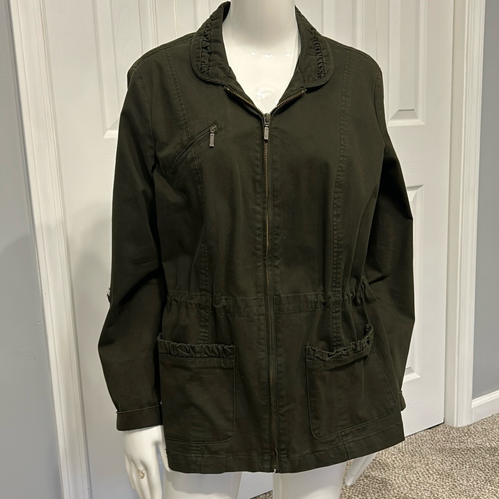 Coldwater Creek army green jacketet with antique brass hardware.